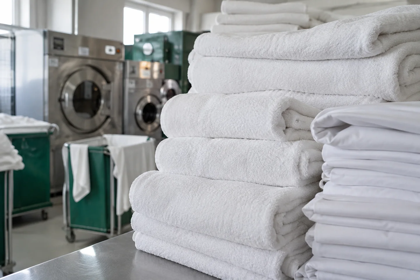 Frisch gefaltete weiße Hotelwäsche in einer professionellen Wäscherei